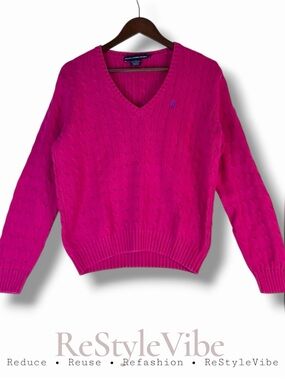 RALPH LAUREN SPORT Women’s Size XL Sweater V-Neck Cable Knit Pink Cotton Logo